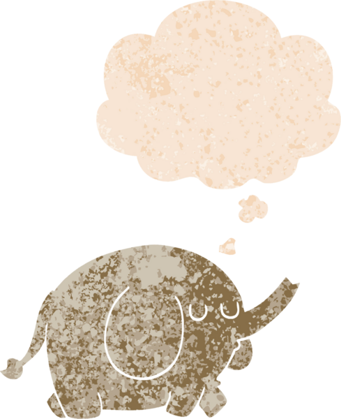 Düşünce baloncuklu çizgi film fili grunge dertli eski moda bir insan tarafından çizilmiş.