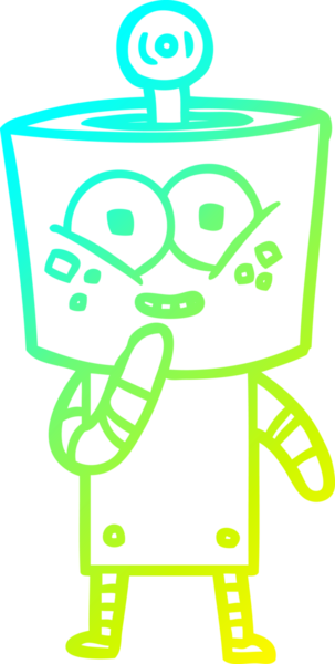 Bir insan tarafından çizilen mutlu çizgi film robotunun soğuk gradyan çizimi