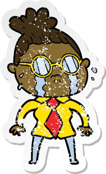 Bir insan tarafından çizilmiş gözlüklü, ağlayan bir karikatür çıkartması.