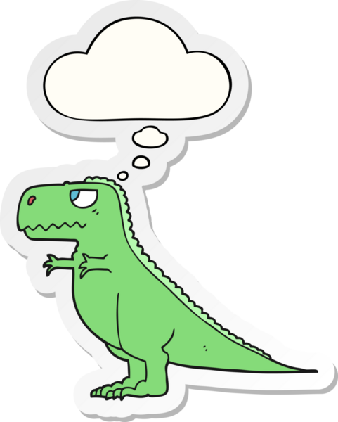 Düşünce baloncuklu çizgi film dinozoru insan tarafından çizilmiş bir çıkartma.
