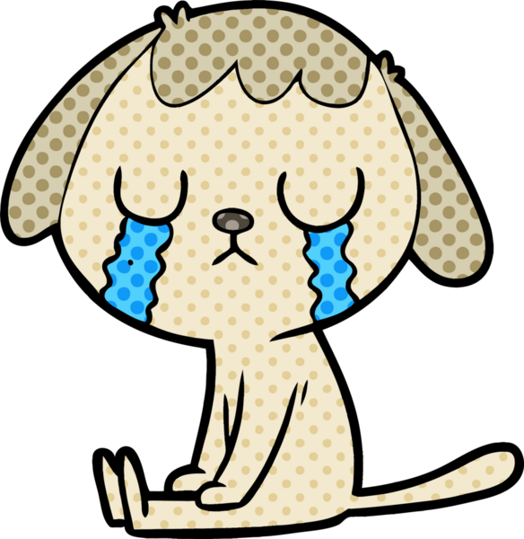 Bir insan tarafından çizilmiş şirin bir çizgi film köpeği ağlıyor.