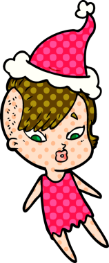 Bir insan tarafından çizilmiş Noel Baba şapkası giymiş, şaşırmış bir kızın el çizimi çizgi roman çizimi.