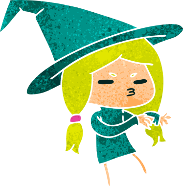 Bir insan tarafından çizilmiş sevimli bir cadı olan Kawaii 'nin eski çizgi film çizimi.