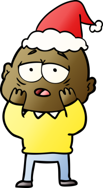 Bir insan tarafından çizilmiş Noel Baba şapkası giymiş yorgun kel bir adamın el çizimi karikatürü.