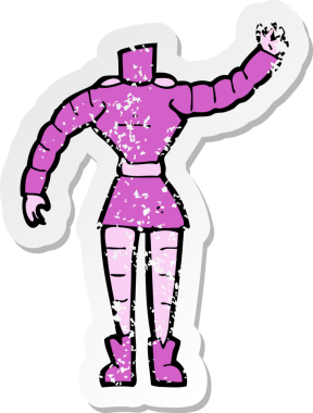 Bir insan tarafından çizilmiş kadın robot vücudunun gerilimli retro yapıştırması.