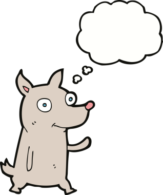 Bir insan tarafından çizilmiş düşünce balonuyla el sallayan küçük bir köpek.