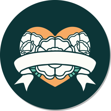 Geleneksel kalp stili dövme çıkartması ve bir insan tarafından çizilmiş çiçekli pankart.