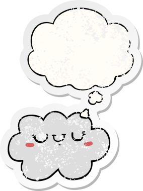 Düşünce baloncuğu olan sevimli çizgi film bulutu bir insan tarafından çizilmiş yıpranmış bir çıkartma gibi.