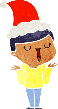 Bir insan tarafından çizilmiş Noel Baba şapkası giyen mutlu bir çocuğun el çizimi karikatürü.