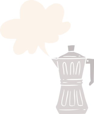 Bir insan tarafından çizilmiş eski usul konuşma baloncuğu olan çizgi film espresso makinesi.