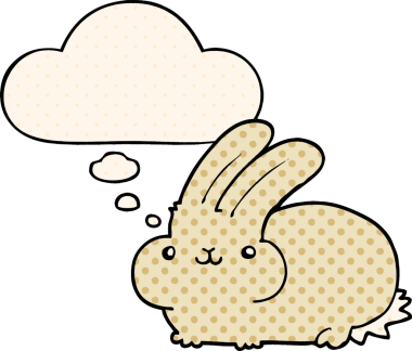 Çizgi roman tarzında bir insan tarafından çizilmiş düşünce kabarcığı olan çizgi film tavşanı.
