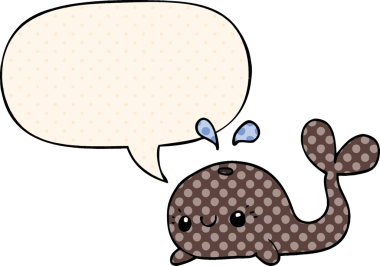 Bir insan tarafından çizilmiş çizgi roman tarzı konuşma balonu olan şirin bir balina.