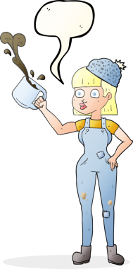 Bir insan tarafından çizilmiş kahve fincanı ile serbest konuşma balonu çizilmiş kadın işçi.