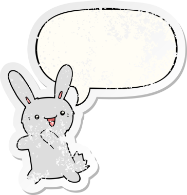 Konuşma baloncuğu olan çizgi film tavşanı bir insan tarafından çizilmiş sıkıntılı eski bir çıkartma