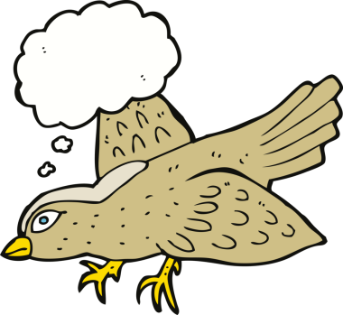 Bir insan tarafından çizilmiş düşünce baloncuklu çizgi film kuşu.