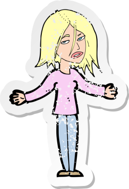 Bir insan tarafından çizilmiş omuzlarını silken karikatürlü bir kadının gerilmiş çıkartması.