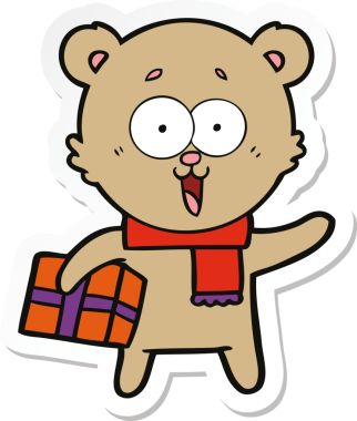 Bir insan tarafından çizilmiş Noel hediyeli gülen oyuncak ayının çıkartması.