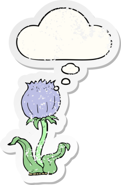 Düşünce baloncuğu olan vahşi bir çiçek insan tarafından çizilmiş yıpranmış bir çıkartma.