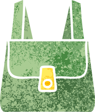 Bir insan tarafından çizilmiş yeşil bir çantanın retro çizim tarzı karikatürü