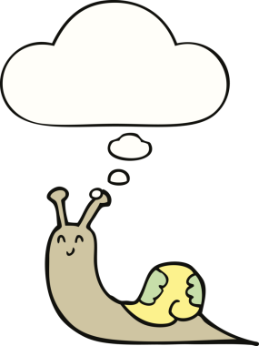 Bir insan tarafından çizilmiş düşünce kabarcığı olan sevimli çizgi film salyangozu.