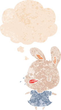 Düşünce baloncuklu çizgi film tavşanı grunge dertli eski moda bir insan tarafından çizilmiş.