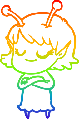 Bir insan tarafından çizilmiş gülümseyen uzaylı kız çizgi filmi.