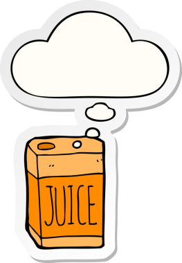 İnsan tarafından çizilmiş bir çıkartma olarak düşünce baloncuğu olan çizgi film meyve suyu kutusu.