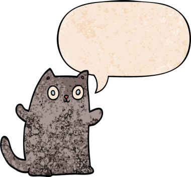 Konuşma baloncuğu olan çizgi film kedisi insan tarafından çizilmiş eski moda dokular.