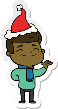 Bir insan tarafından çizilmiş Noel Baba şapkası giymiş bir adamın mutlu el çizimi karikatürü.