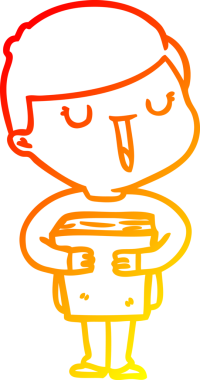 Sıcak bir çizgi film çizimi. Mutlu bir çocuk. Bir insan tarafından çizilmiş kitabı hakkında konuşuyor.