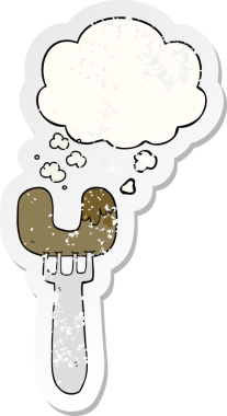 Düşünce baloncuklu çatal üzerinde çizgi film sosisi insan tarafından çizilmiş yıpranmış bir çıkartma gibi.