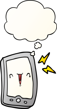 Bir insan tarafından çizilmiş yumuşak eğimli düşünce baloncuklu şirin çizgi film cep telefonu.