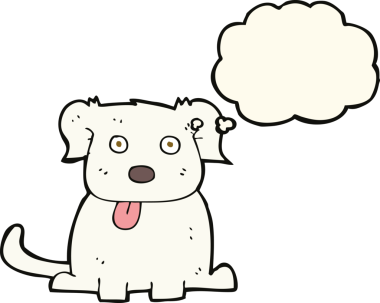 Bir insan tarafından çizilmiş düşünce baloncuklu çizgi film köpeği.