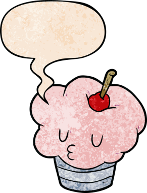 Bir insan tarafından çizilmiş geçmişe dönük konuşma baloncuklu komik bir kek.