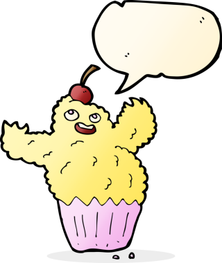 Bir insan tarafından çizilmiş konuşma balonlu kek canavarı.