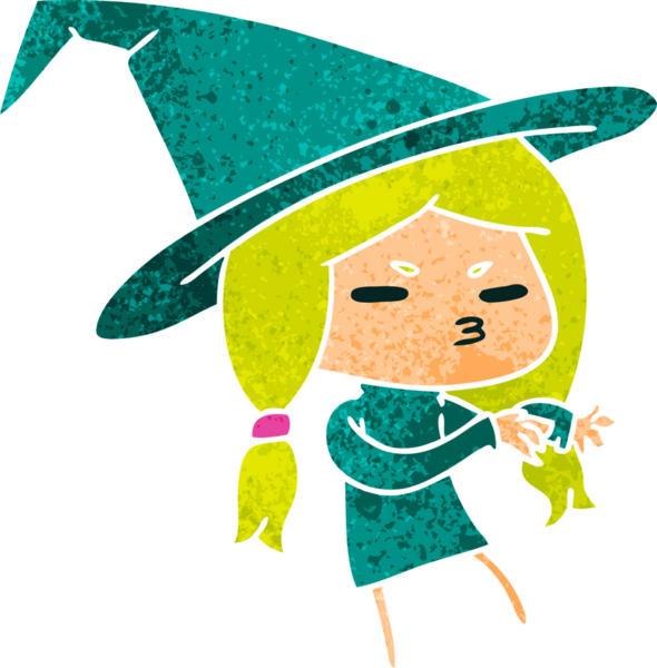 Bir insan tarafından çizilmiş sevimli bir cadı olan Kawaii 'nin eski çizgi film çizimi.