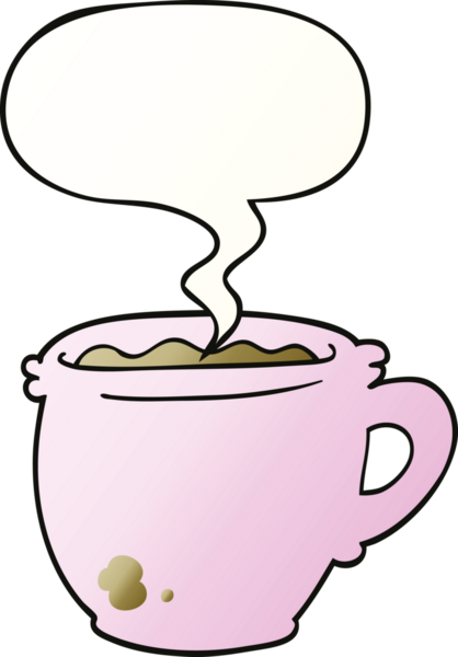 Bir insan tarafından çizilmiş yumuşak eğimli konuşma balonlu sıcak kahve fincanı.