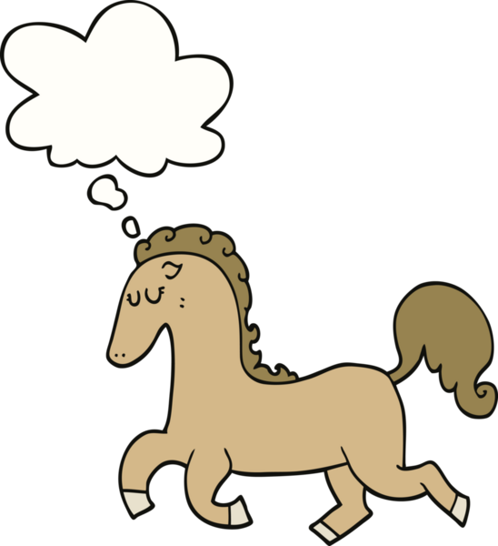 Bir insan tarafından çizilmiş düşünce baloncuğuyla koşan bir at.
