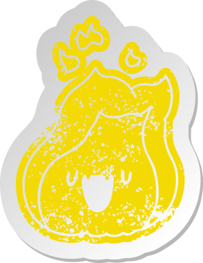 Sıkıntılı eski çizgi film çıkartması Kawaii bir insan tarafından çizilmiş sevimli ateş alevi.