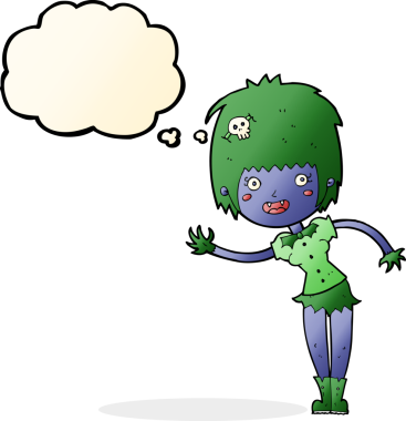 Bir insan tarafından çizilmiş düşünce balonlu vampir kız.