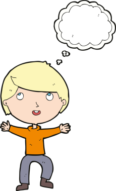 Bir insan tarafından çizilmiş düşünce balonu olan mutlu çocuk çizgi filmi.