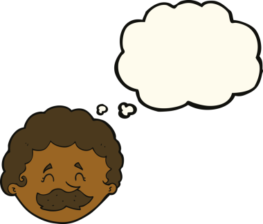 Bir insan tarafından çizilmiş düşünce baloncuklu bıyıklı çizgi film adamı.