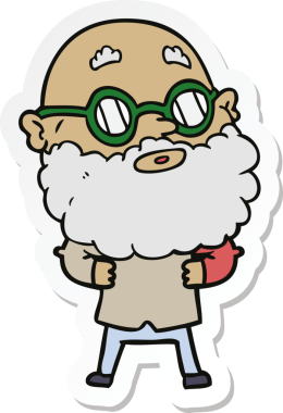 Bir insan tarafından çizilmiş sakallı ve gözlüklü meraklı bir adamın çıkartması.