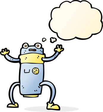 Bir insan tarafından çizilmiş düşünce baloncuklu çizgi film robotu