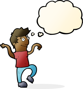 çizgi film mutlu adam bir insan tarafından çizilmiş düşünce baloncuğuyla komik dans yapıyor