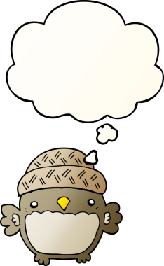 Bir insan tarafından çizilmiş yumuşak eğimli düşünce baloncuklu şapkalı sevimli çizgi film baykuşu.