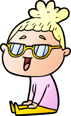 Bir insan tarafından çizilmiş gözlüklü mutlu kadın çizgi filmi.