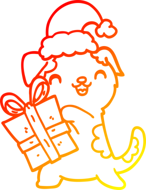 Sıcak gradyan çizgisi üzerinde bir insan tarafından çizilmiş Noel hediyesi ve şapkası olan şirin bir köpek yavrusu çizimi.