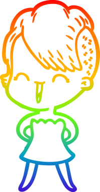 Gökkuşağı gradyan çizgisi mutlu çizgi film hipster kızı bir insan tarafından çizilmiş.