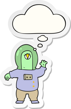 İnsan tarafından çizilmiş bir çıkartma olarak düşünce baloncuğu olan bir uzaylı çizgi filmi.